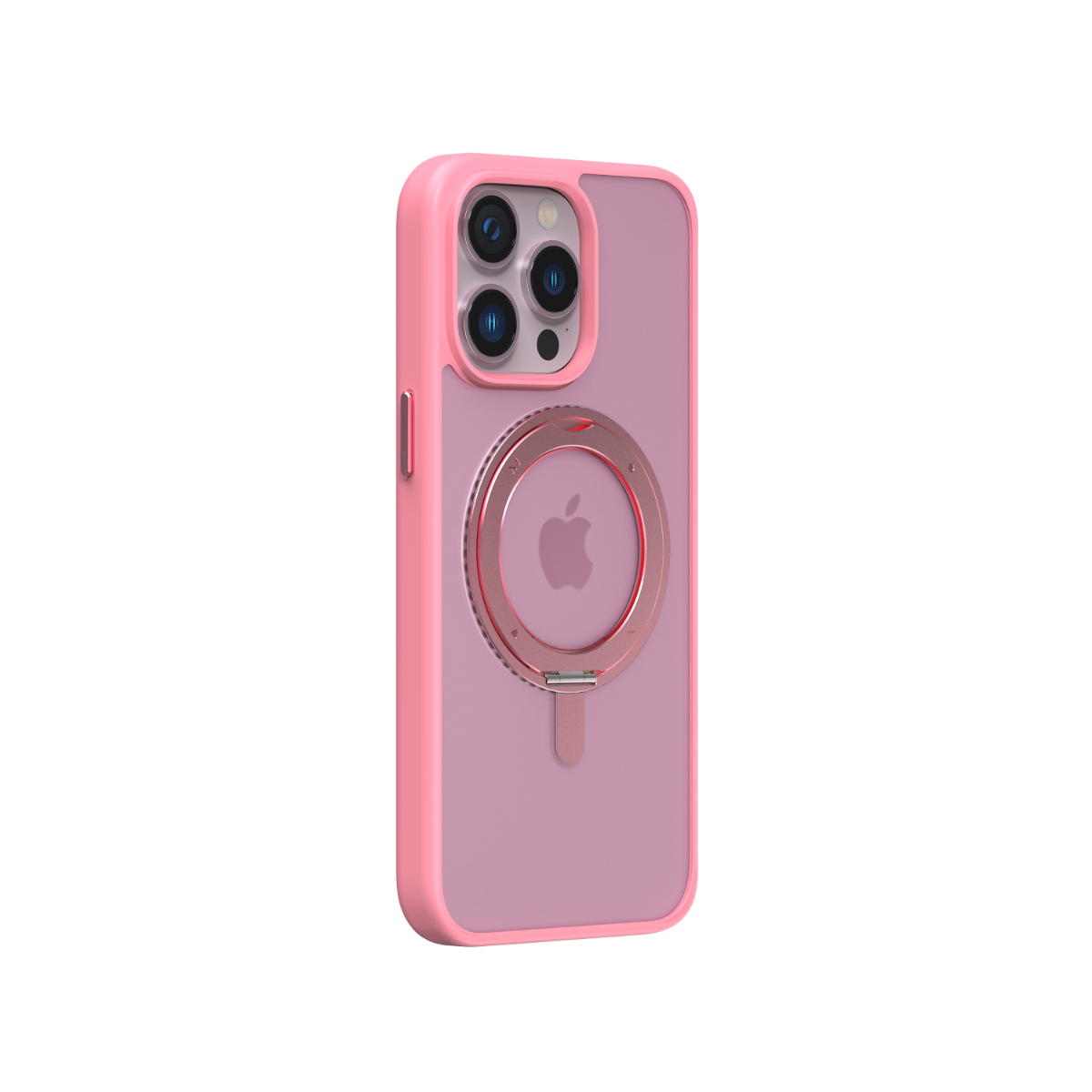 Pembe telefon kılıfı, kamera modülü ve Apple logolu halka ile siyah arkaplanda.