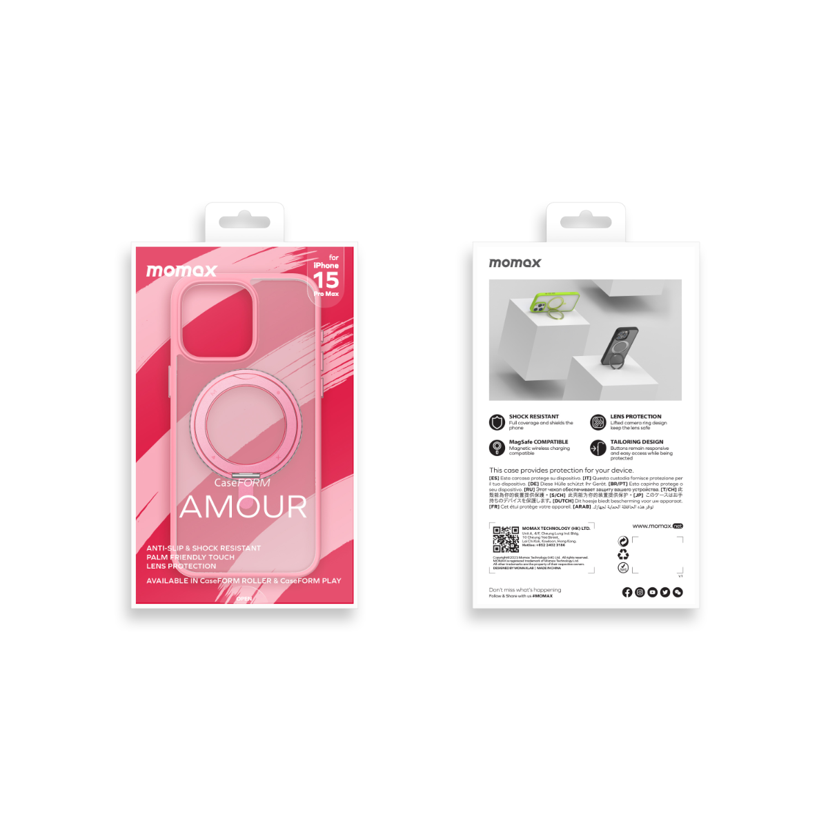 Halkalı pembe telefon kılıfı, metin ve logo içeren ürün ambalajı.