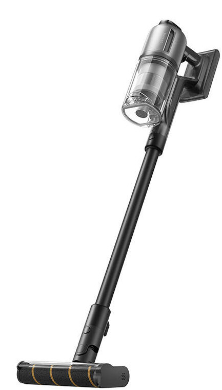 Bezprzewodowy odkurzacz z długim uchwytem. Jest czarny i srebrny. Obraz jest wyizolowany na białym tle.