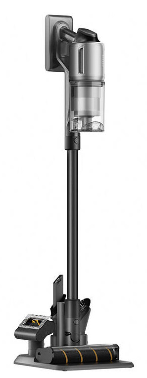 Czarny odkurzacz na stacji ładującej. Odkurzacz stoi pionowo, a tło jest białe.