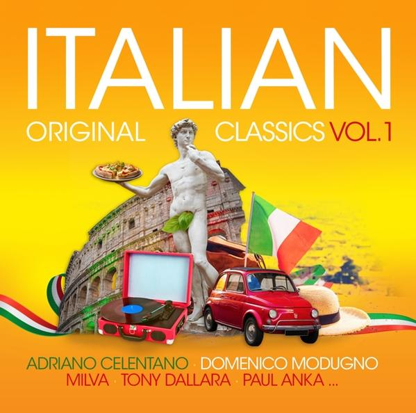 Albumcover: Italien-Thema mit Kolosseum, Statue, Pizza, Auto, Flagge.