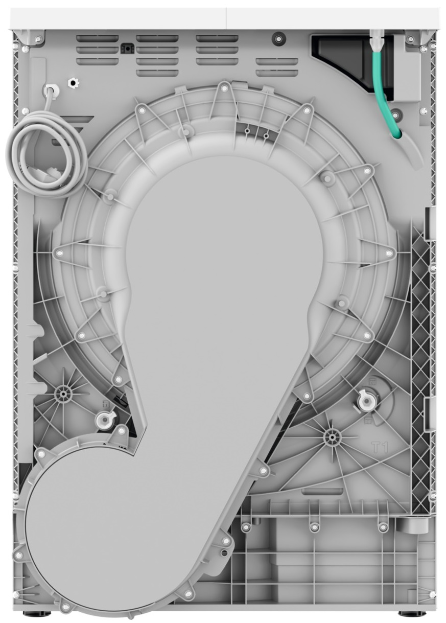 Wnętrze pralki, pokazujące komponenty.