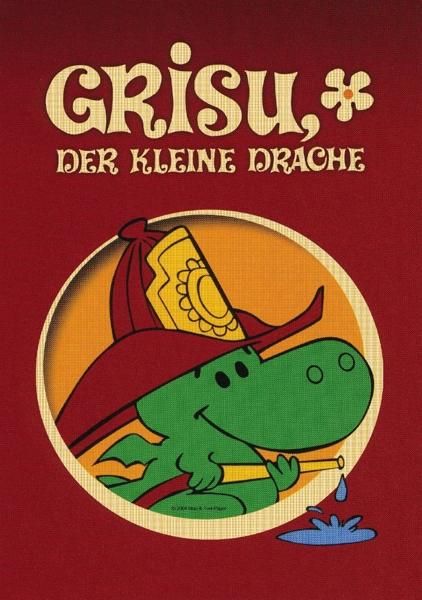 Cartoonbild eines grünen Drachen in einem Feuerwehrhelm mit Schlauch, auf rotem Hintergrund.