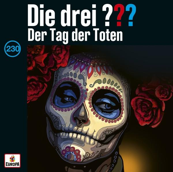 Albumcover für Die drei ??? mit Totenkopf und Rosen, mit Text auf Deutsch.