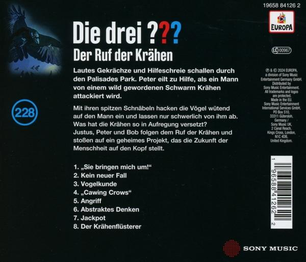 Rückseite eines CD-Covers mit deutschem Text. Der Titel lautet "Die drei ???" und hat ein Krähenbild.