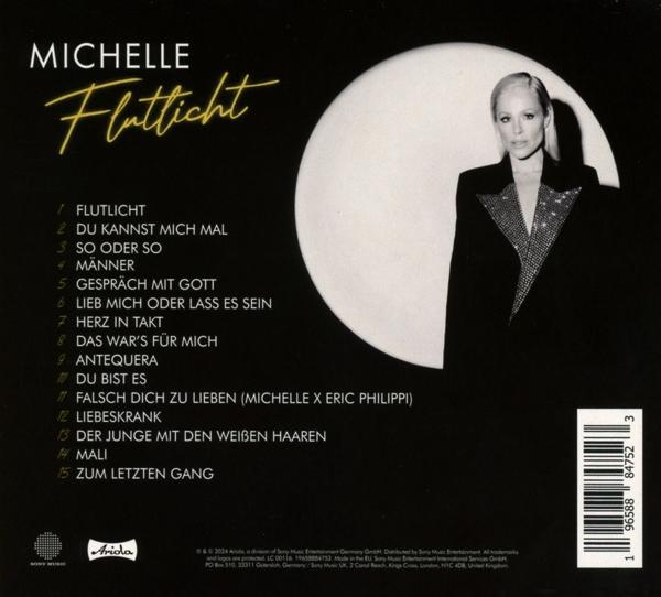 CD-Cover mit Titelliste. Schwarzer Hintergrund mit weißem Text und einem Foto einer blonden Frau.