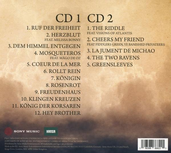 Rückseite einer CD mit Titellisten eines Musikalbums mit den Logos von Sony Music und Hansa.