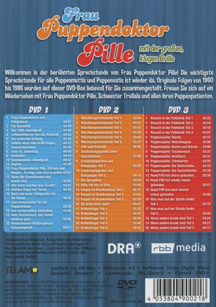 DVD-Box-Set mit dem Titel 'Frau Puppendoktor Pille'. Die Rückseite enthält Text und Bilder.