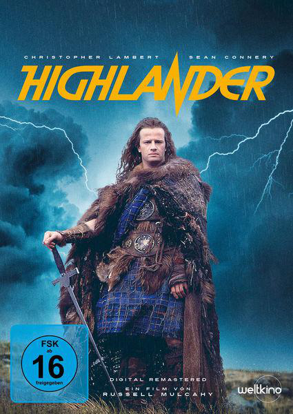 Filmposter für 'Highlander'. Ein Mann in einem Kilt hält ein Schwert, mit einem stürmischen Himmel und Blitzen.