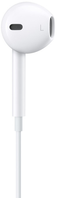 A white earbud with a wire. The earbud is labeled with an 'L' for left.