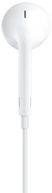 A white earbud with a cable, against a white background.