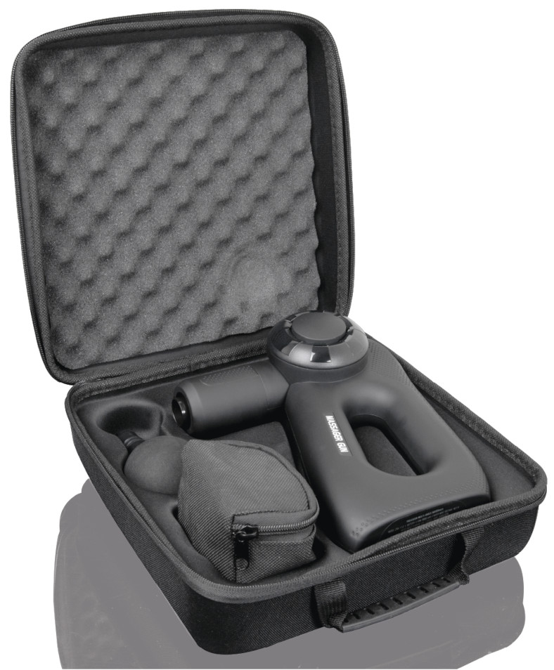 A black massage gun in a black carrying case with foam padding.