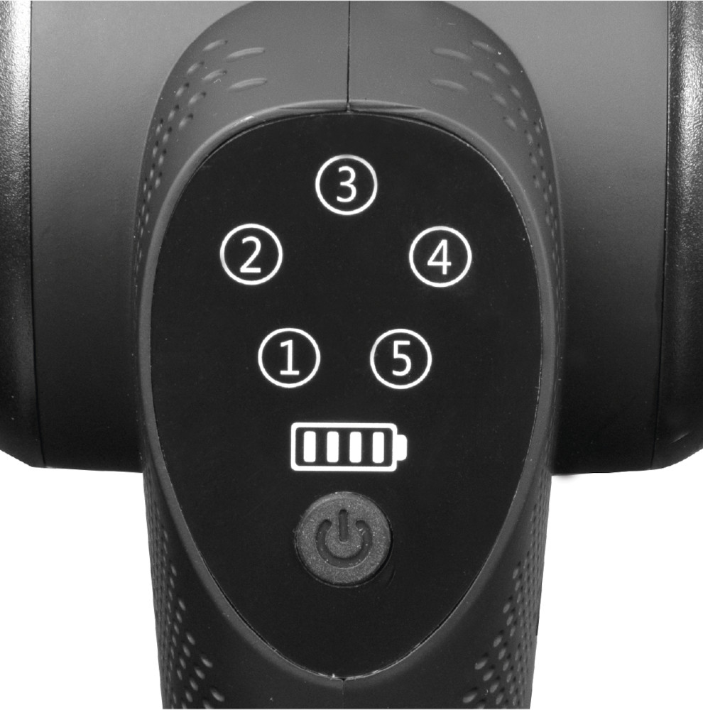 Close-up of a black massage gun's control panel with numbered buttons.