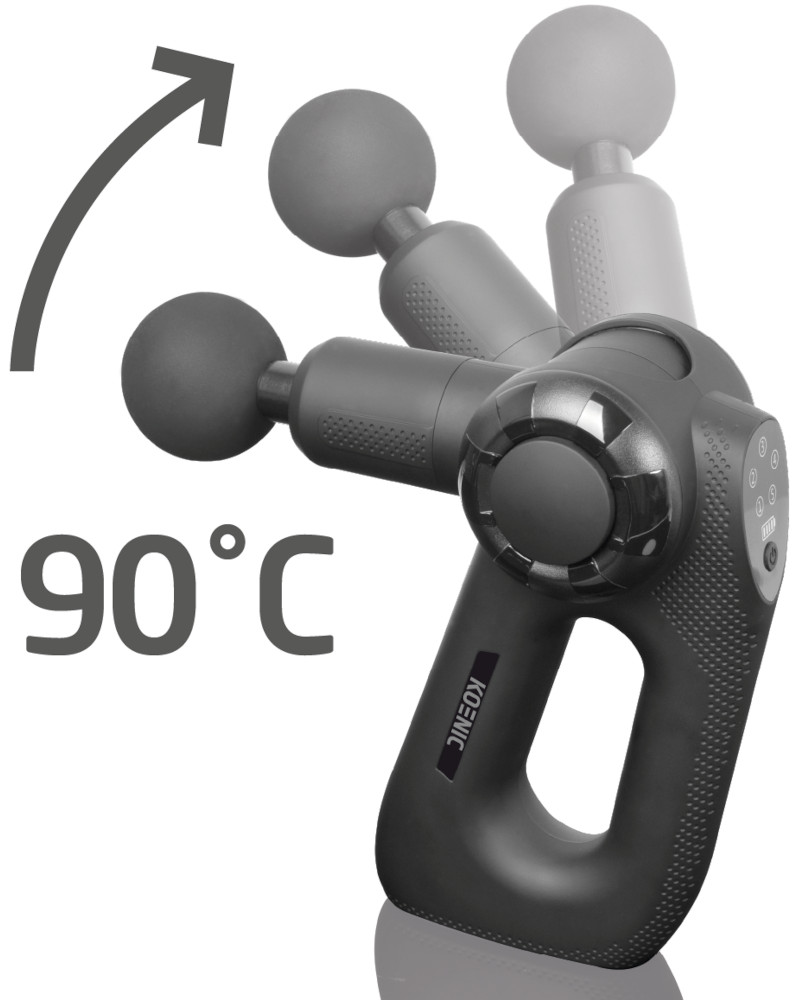Black massage gun with rotating heads, arrow, and text 90°C.