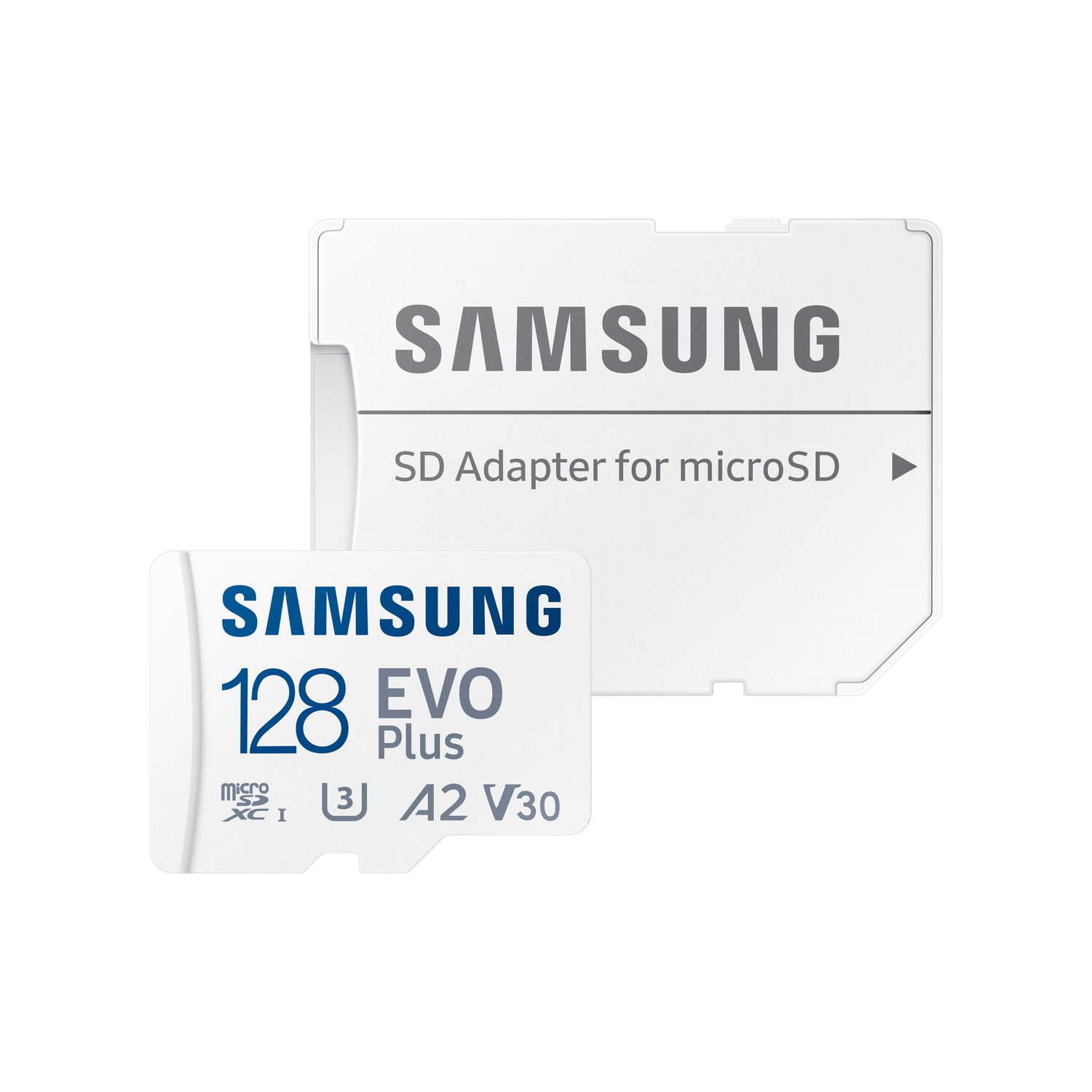A Samsung SD card adapter and a 128GB microSD card, both white with blue and black text.