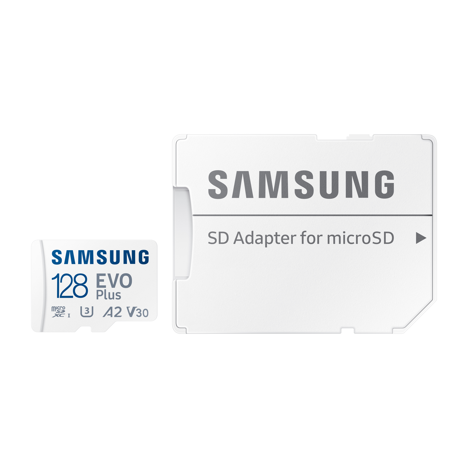 A white SD card adapter next to a 128GB micro SD card on a white background.
