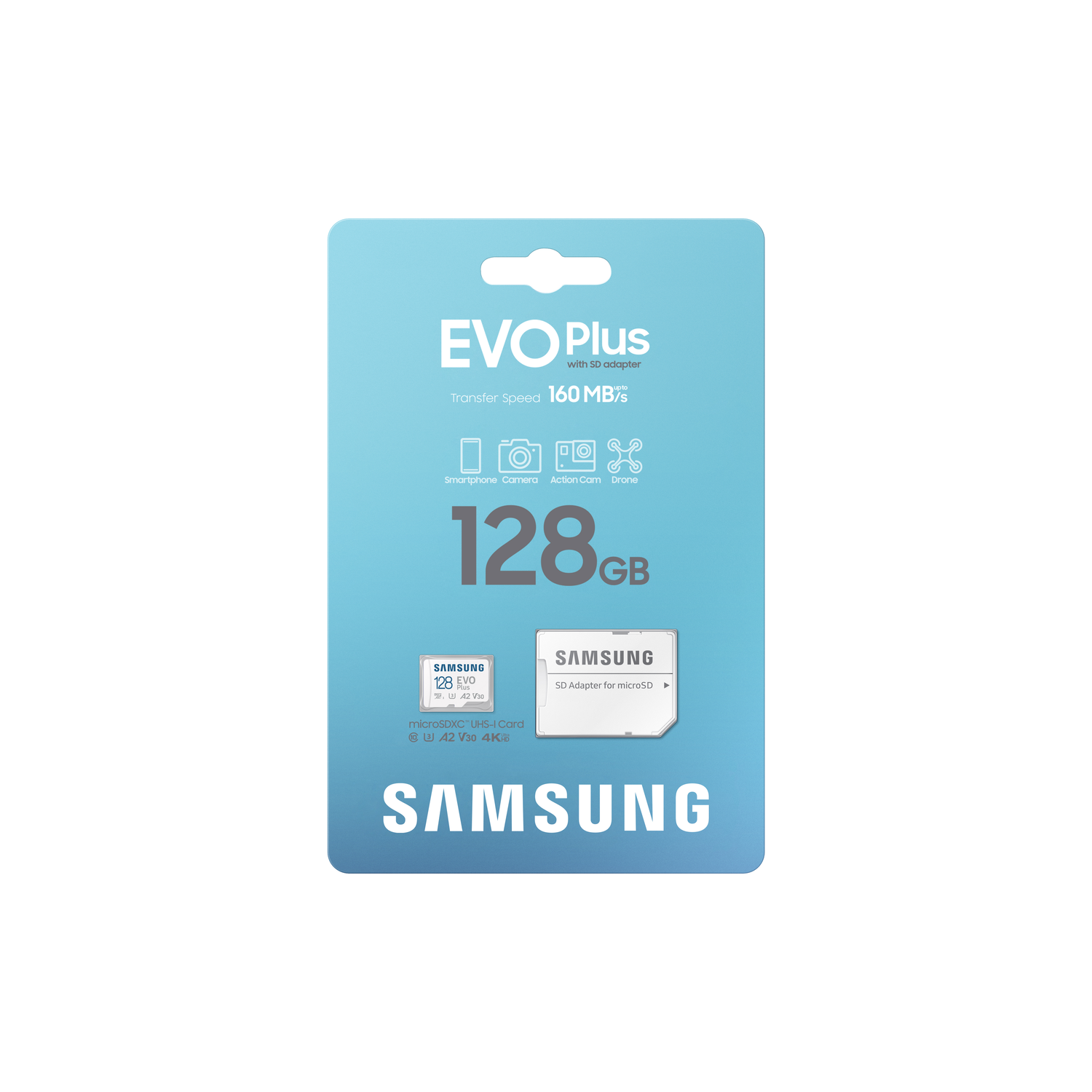 Samsung 128GB EVO Plus microSD card and adapter on a white background.
