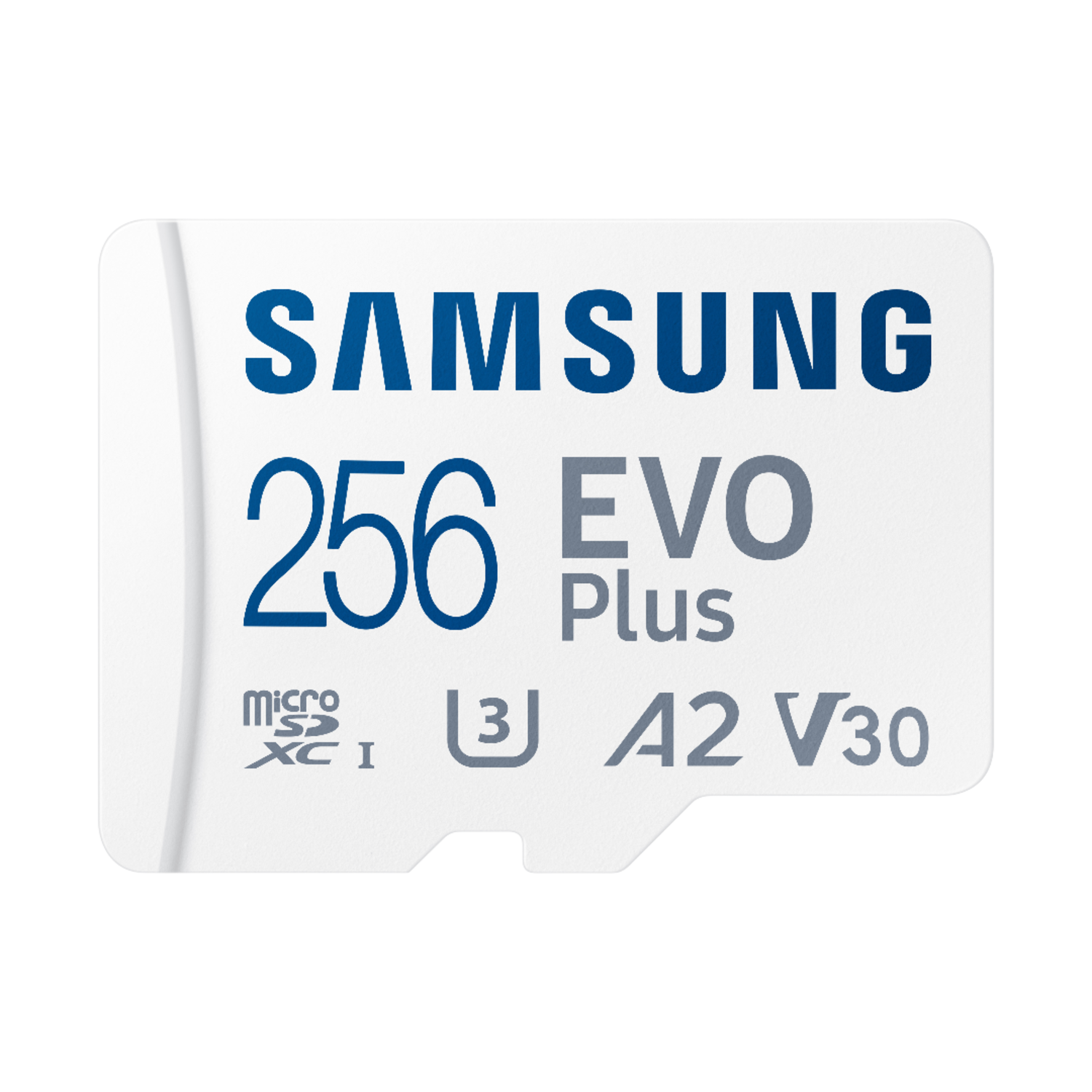Witte Samsung micro SD-kaart, blauwe tekst: 256 EVO Plus, pictogrammen.
