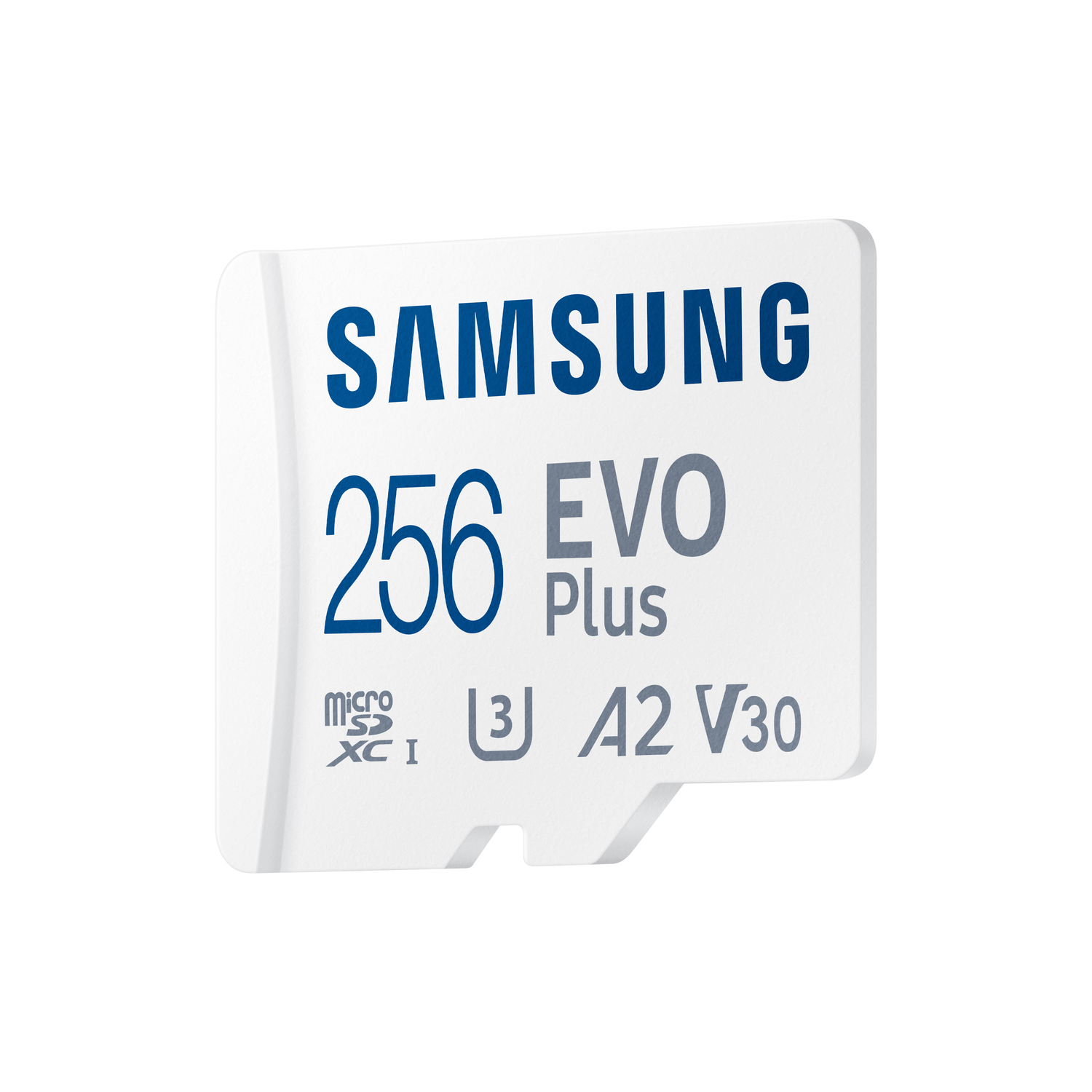 Witte Samsung 256 Evo Plus micro SD-kaart, witte achtergrond.