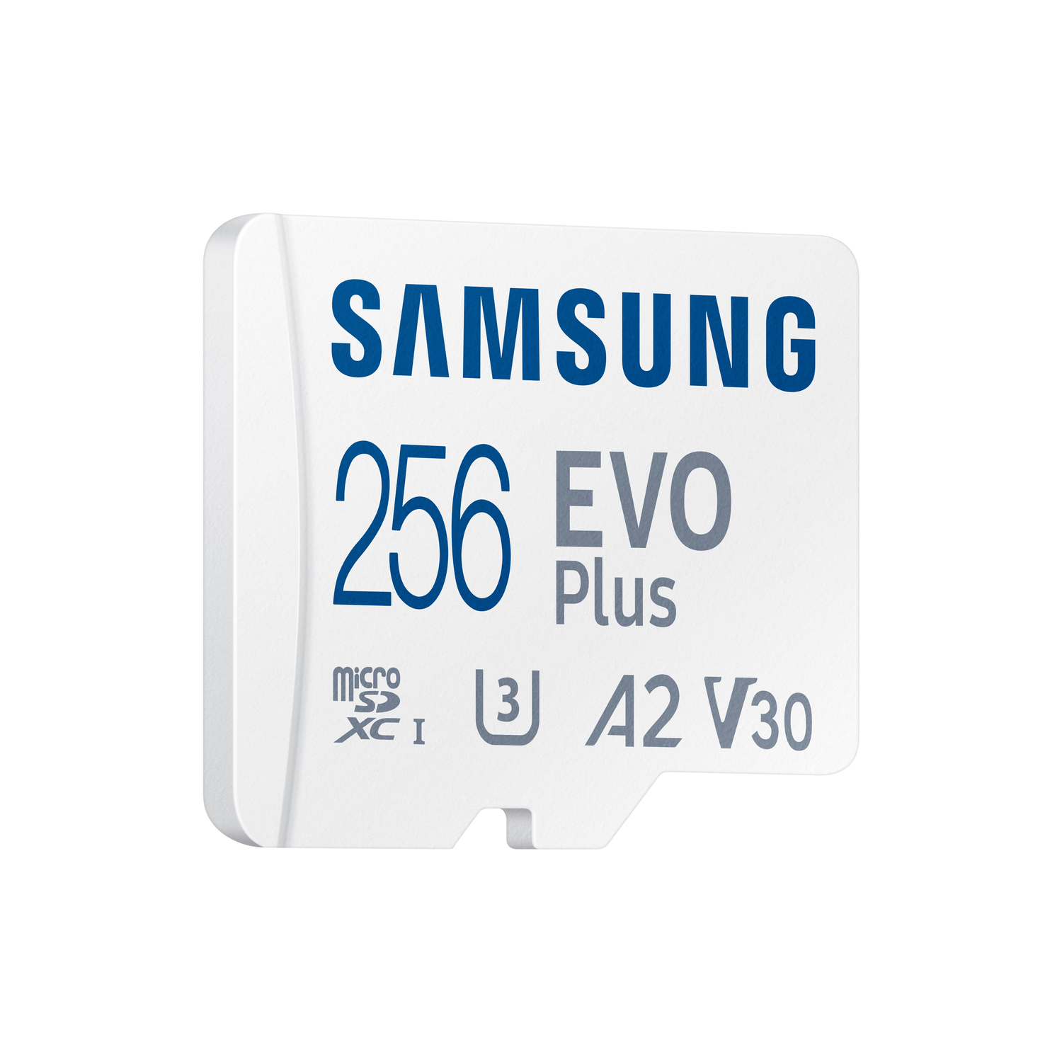 Witte en blauwe Samsung 256 EVO Plus microSD-kaart.