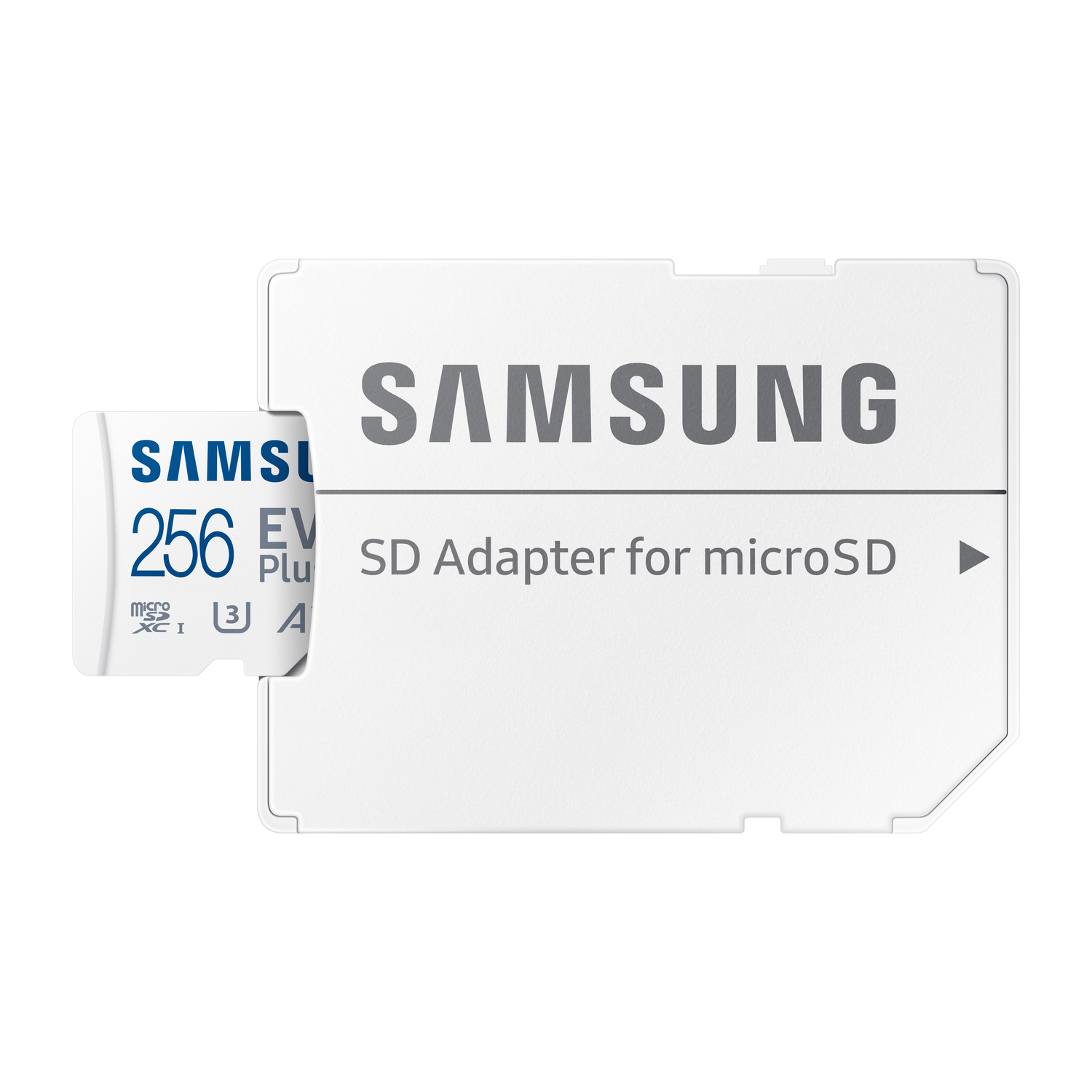 Een witte SD-kaart met het Samsung-logo en een microSD-adapter.