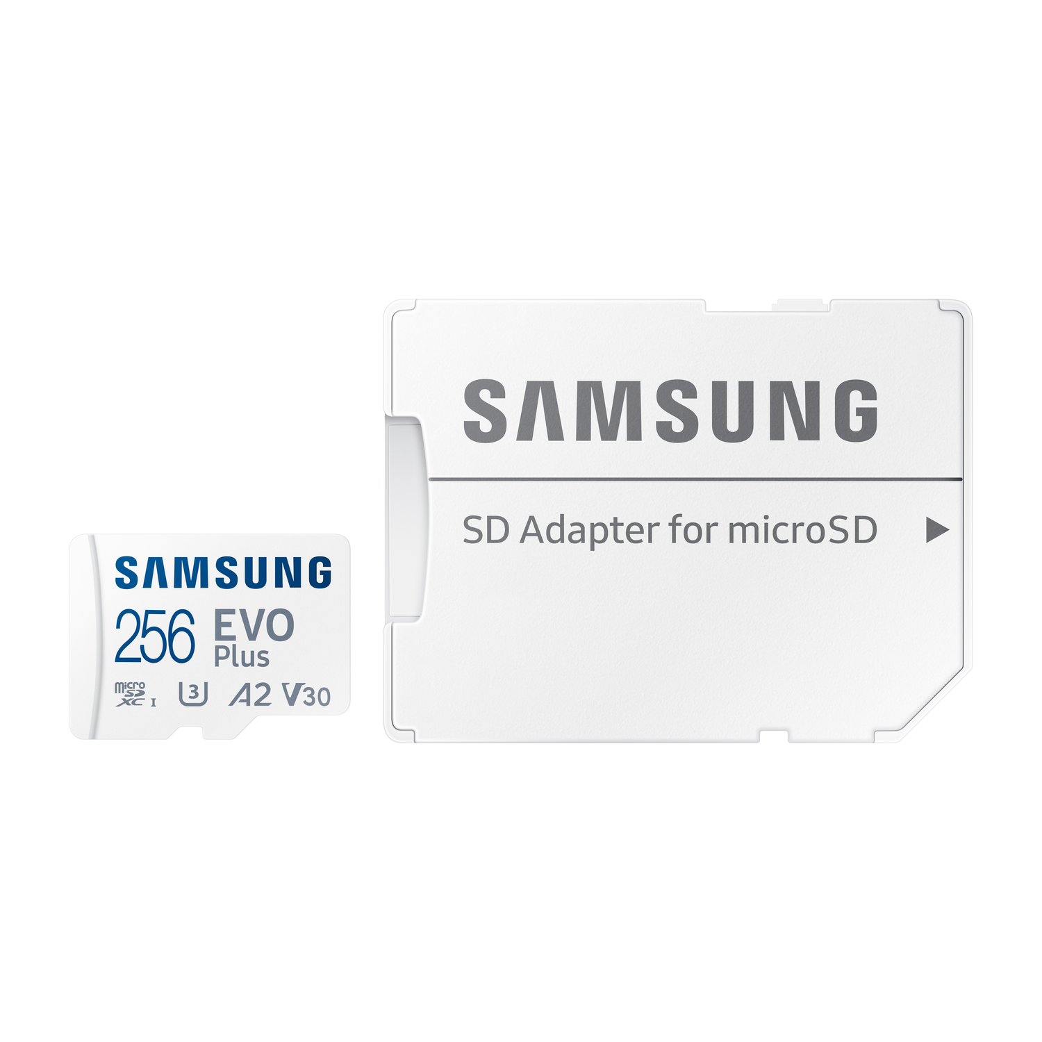 Samsung SD-kaart en adapter. Witte achtergrond. Tekst: Samsung 256 EVO Plus.