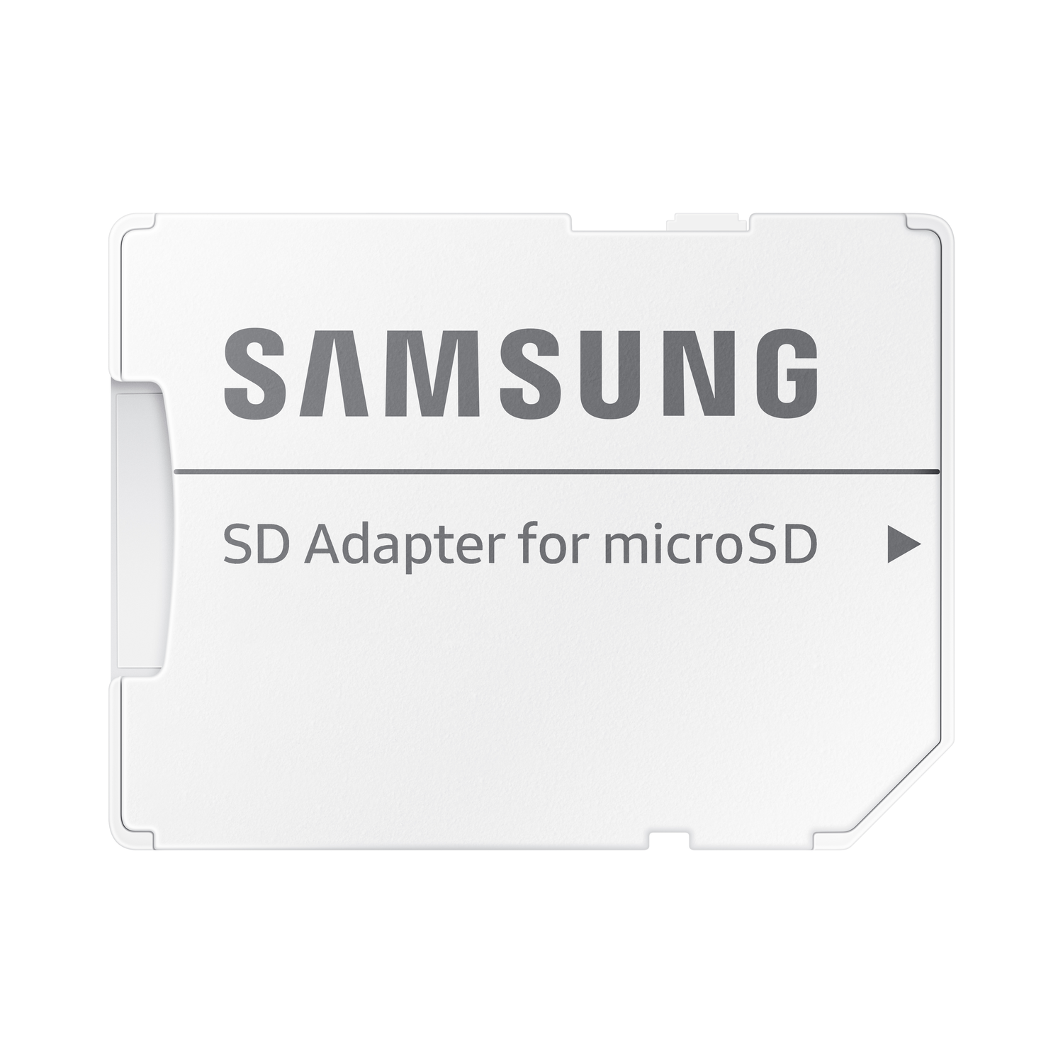 Witte Samsung SD-kaartadapter voor microSD. Grijze Samsung-tekst. Witte achtergrond.
