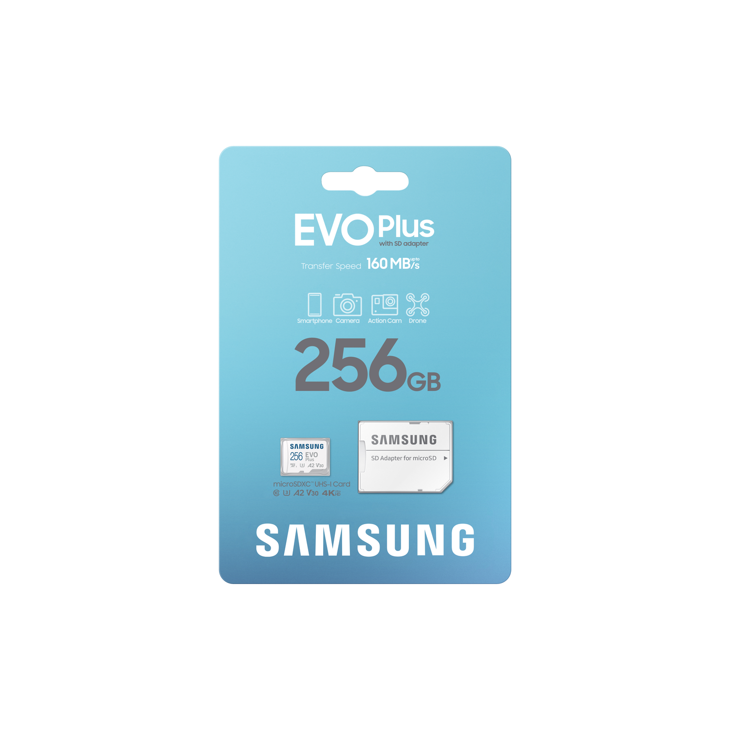 Een verpakking van Samsung 256GB microSD-kaart met een SD-adapter.