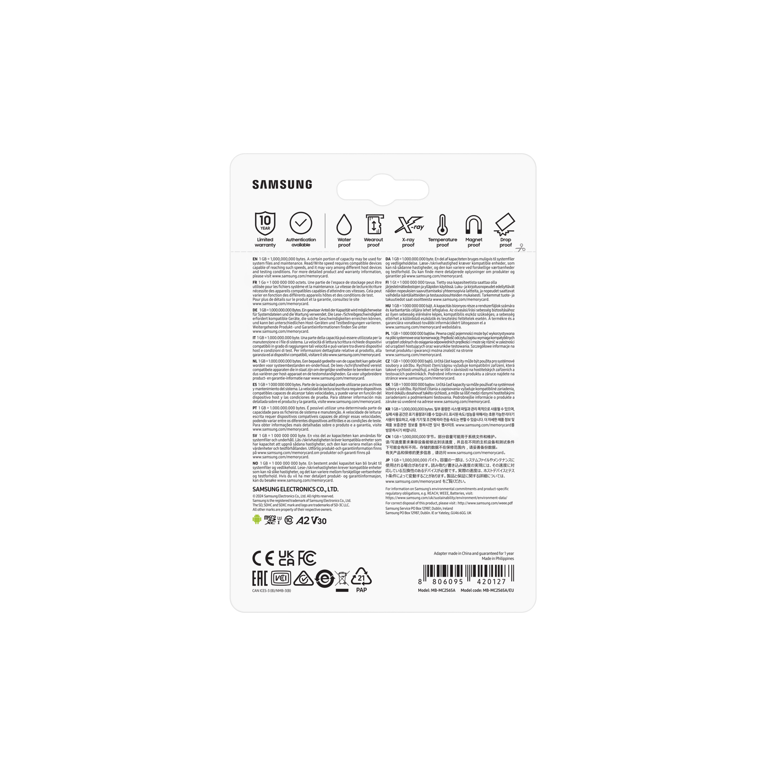 Samsung productverpakking met garantie- en veiligheidspictogrammen. Witte achtergrond met tekst en symbolen. Achteraanzicht.
