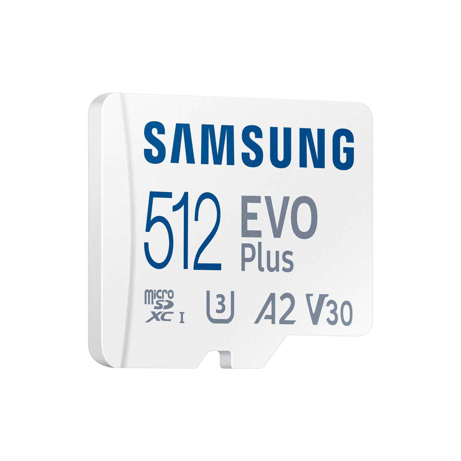 White Samsung 512 EVO Plus microSD card. Blue Samsung logo and text are visible.