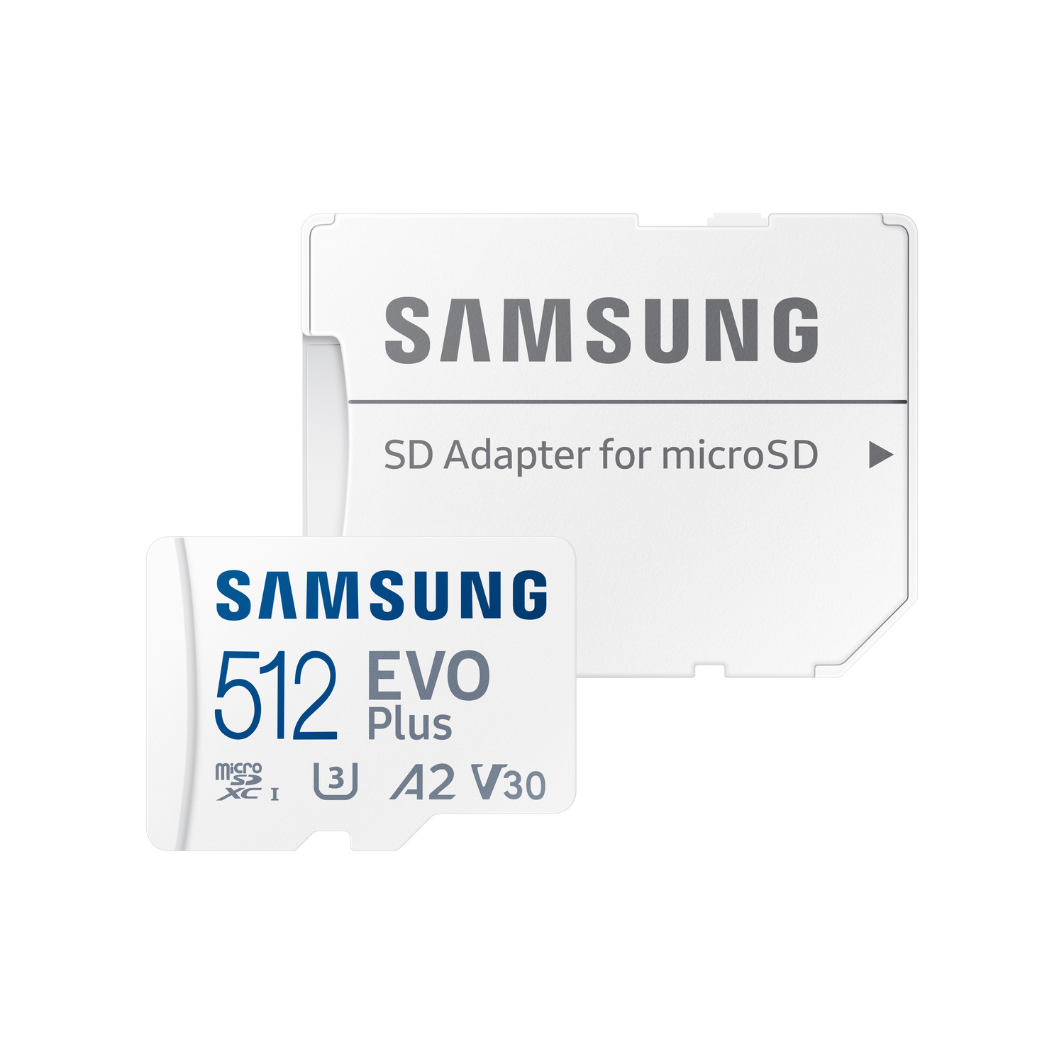 A white Samsung SD card and adapter. The card says 512 EVO Plus.