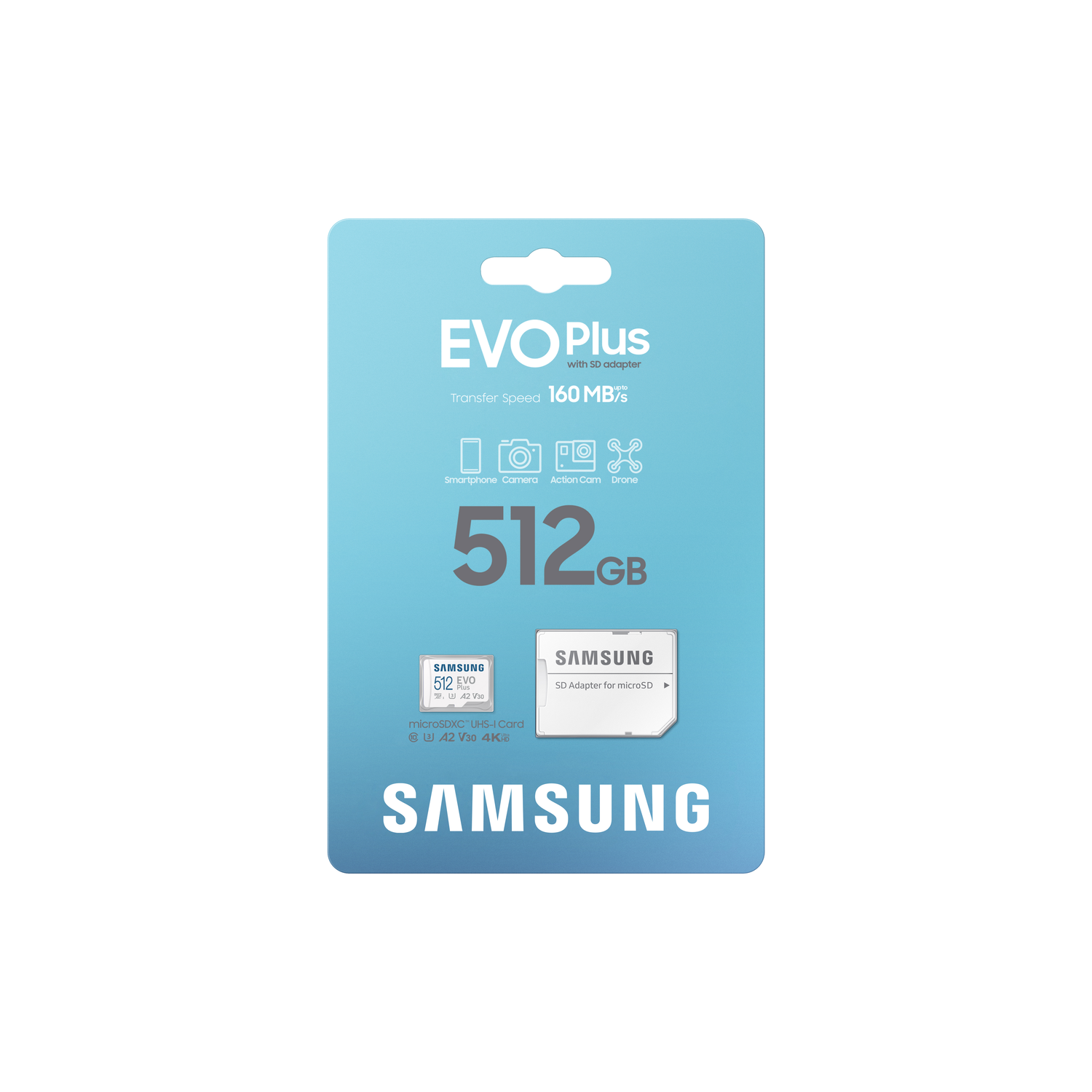 A Samsung EVO Plus microSD card with an SD adapter on a white background.