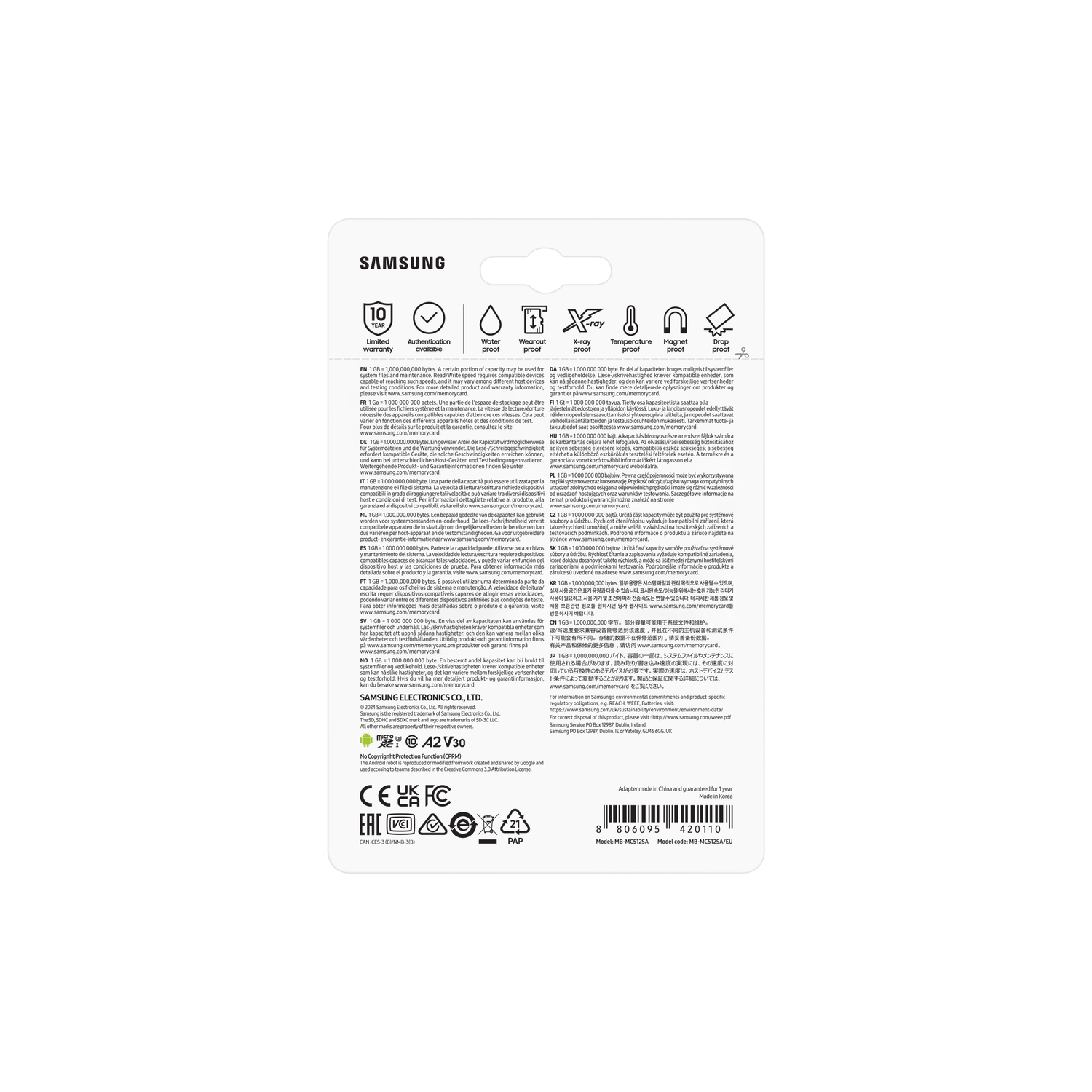 A product description on a card. It contains the Samsung logo and some icons.
