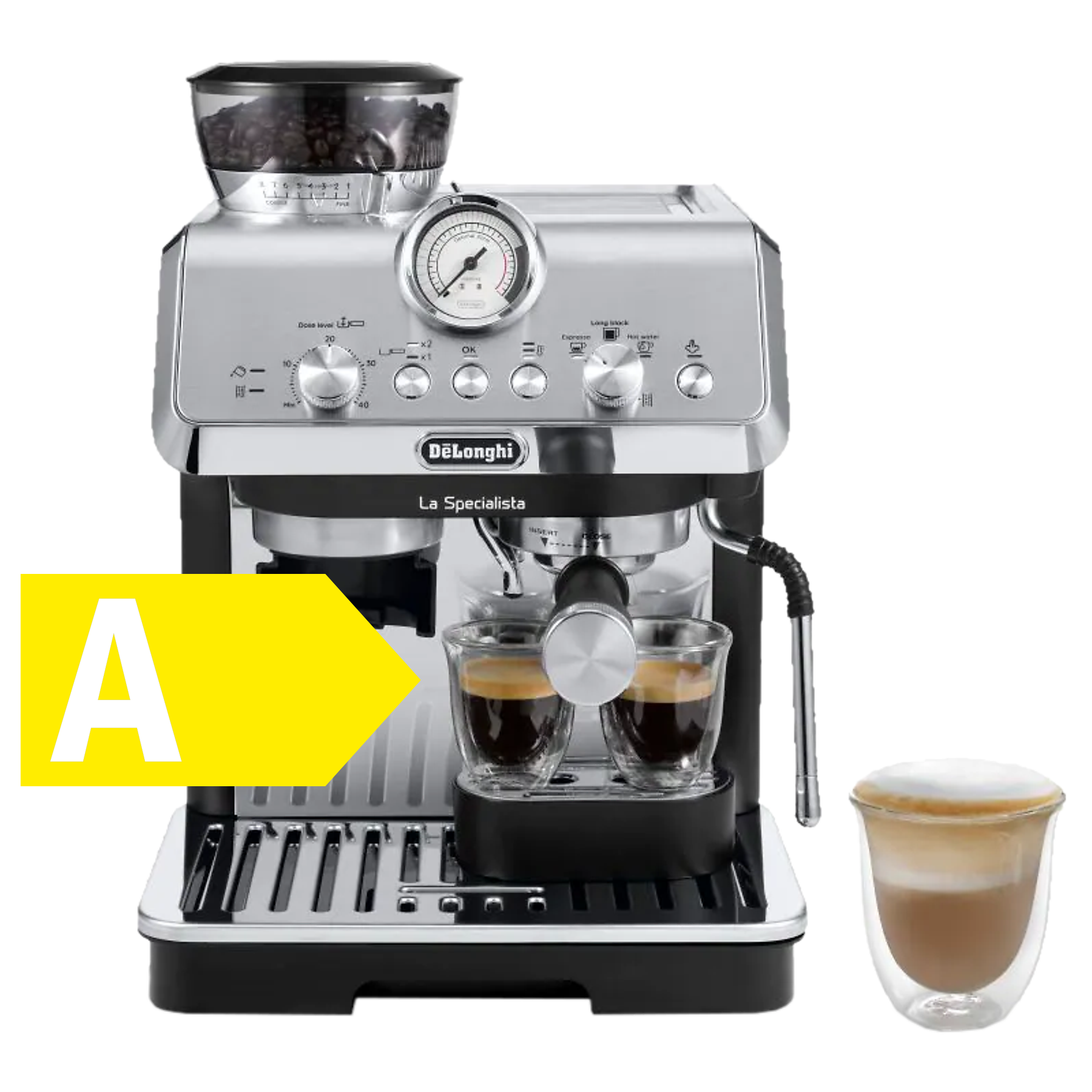 Une machine à expresso argentée et noire avec deux verres de café et une tasse de mousse.