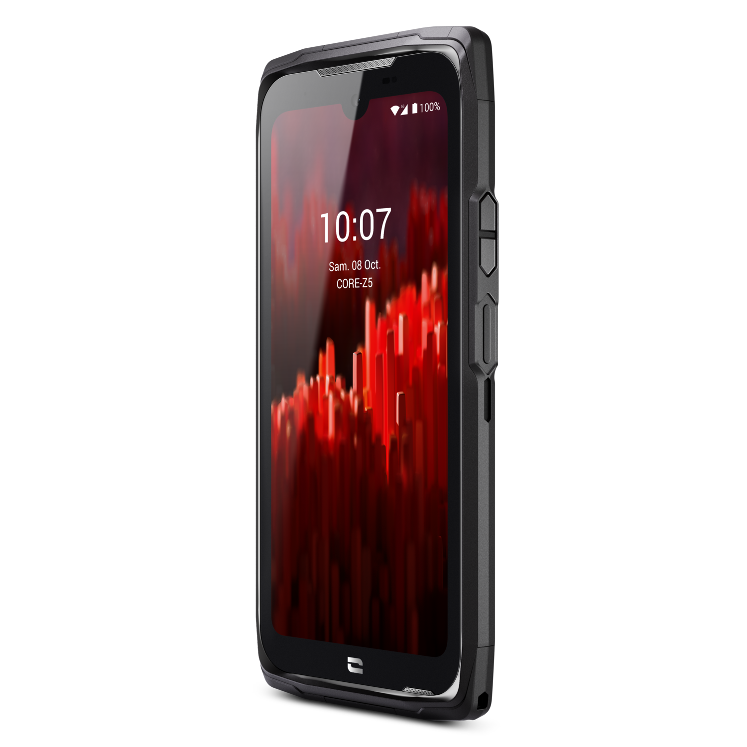 Een zwarte smartphone met een rode en zwarte interface die de tijd weergeeft.