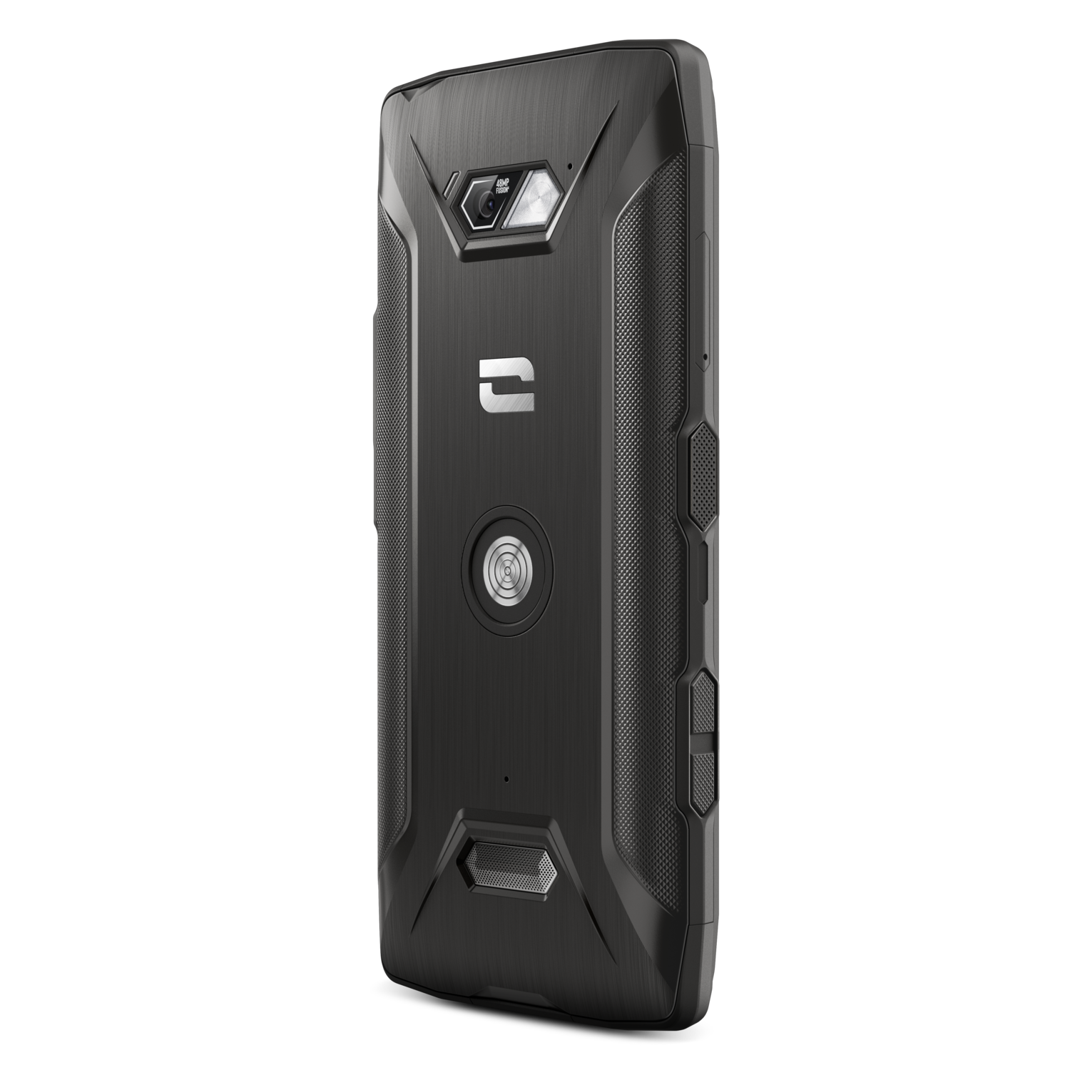 Zwarte robuuste smartphone, met een camera en een knop aan de achterkant.