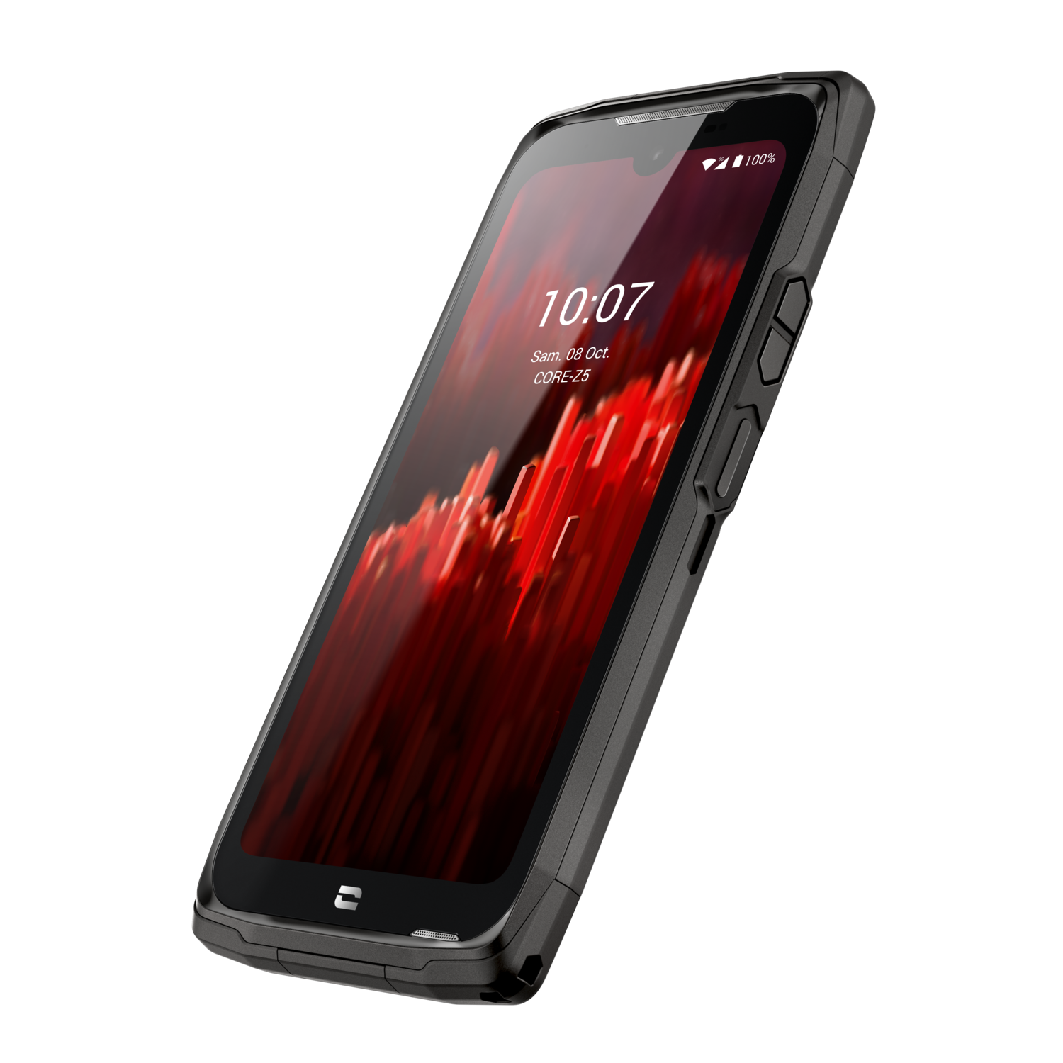 Een robuuste smartphone met een donker scherm waarop de tijd wordt weergegeven. Het heeft zijknoppen en een zwart frame.