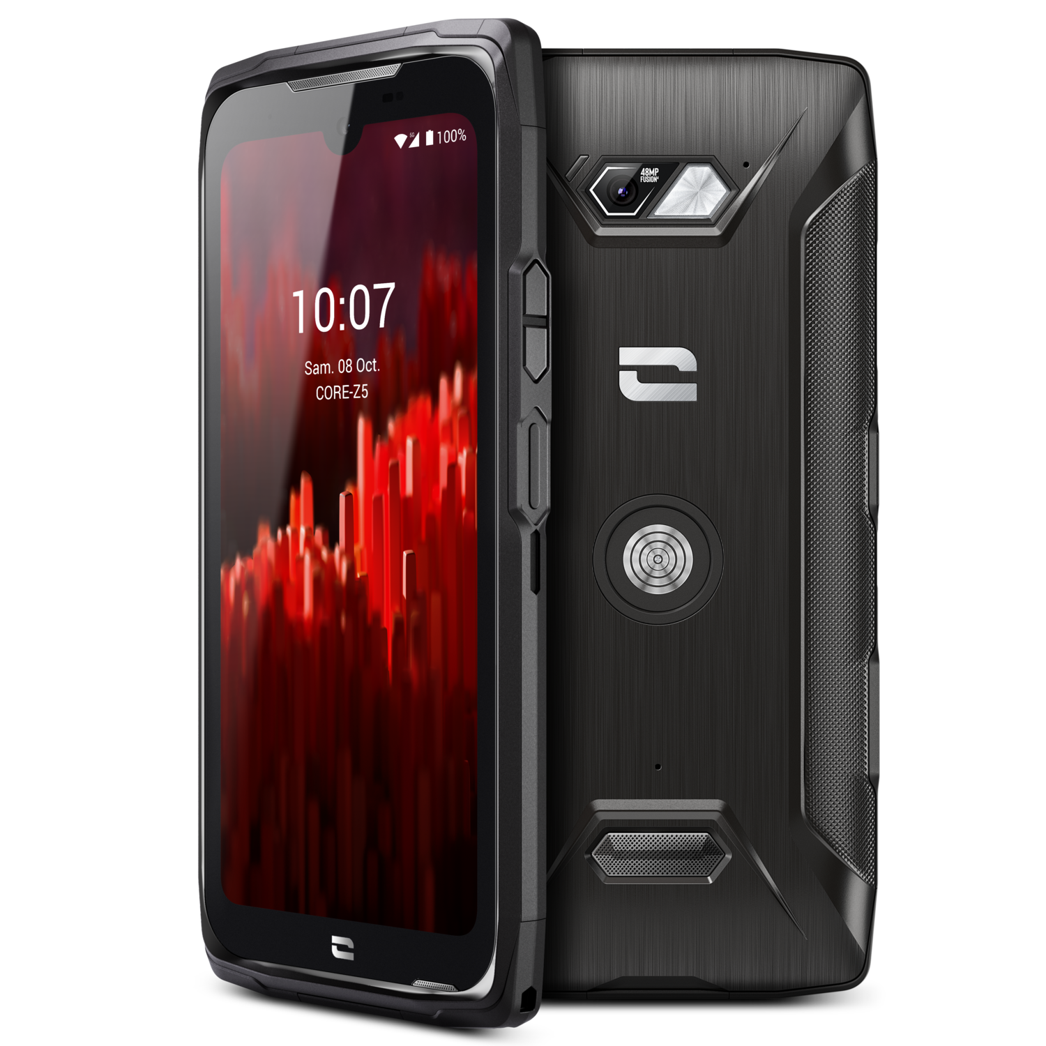 Een zwarte smartphone met een dubbele camera aan de achterkant en de tijd op het scherm.