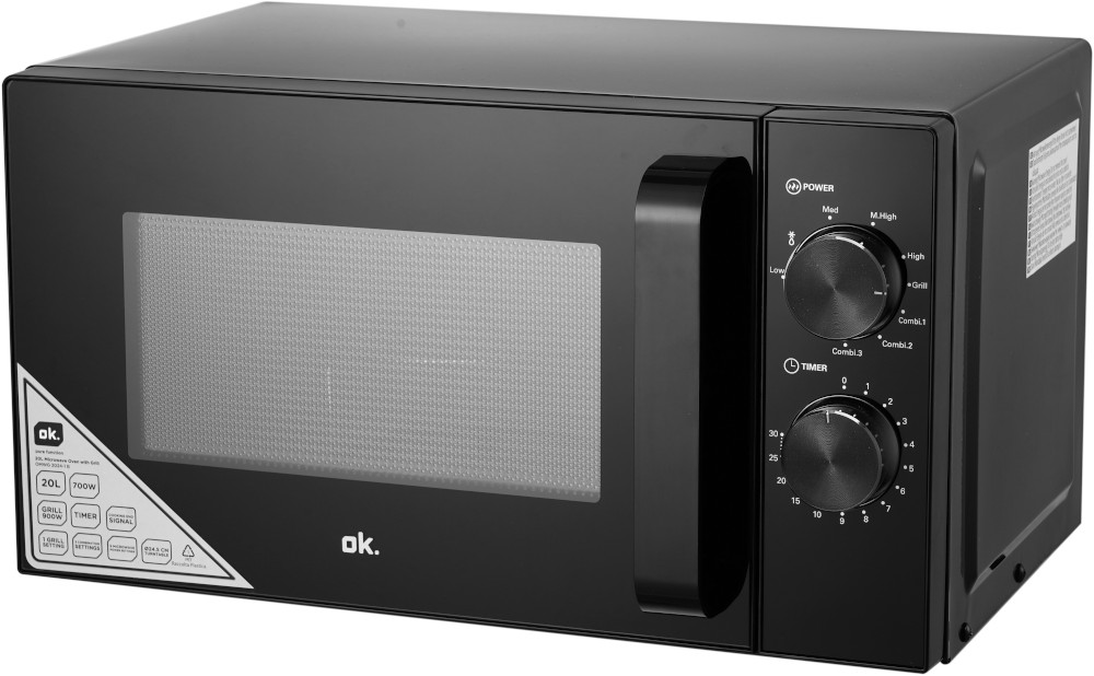 A black microwave oven with control knobs and a digital display.