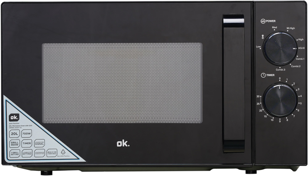A black microwave oven with control dials and a display panel.