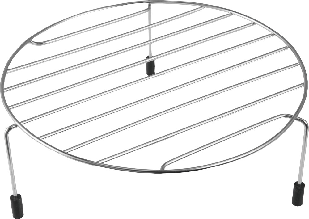 A round, metallic cooling rack for food. Elevated, with bars for support.