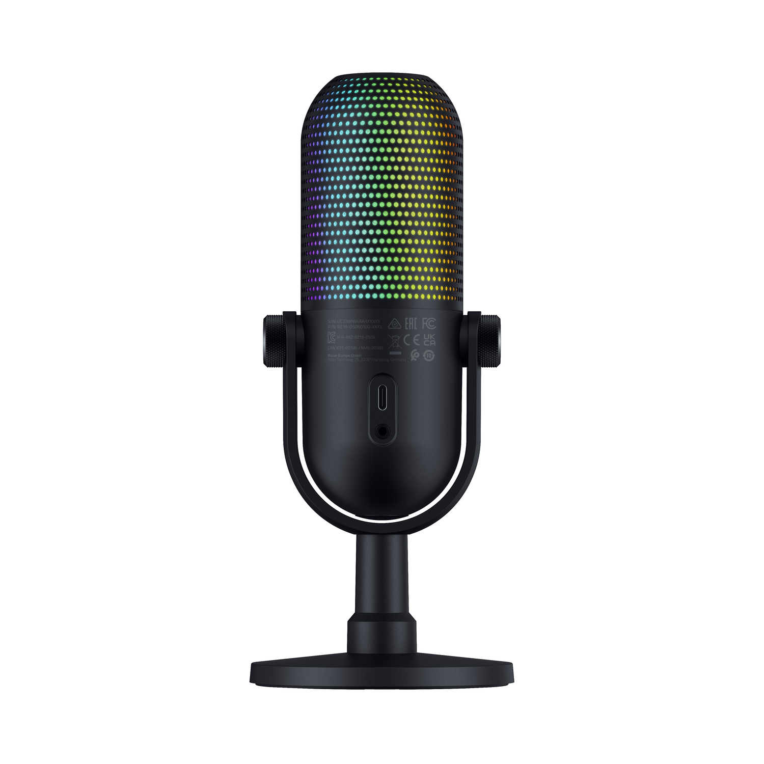 A black microphone with a rainbow-colored mesh top, on a black stand, against white.
