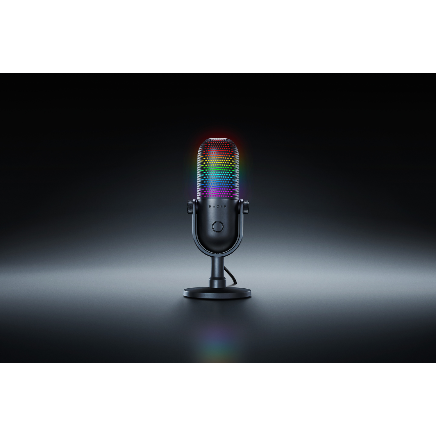 Black microphone with rainbow lights on a stand, against a dark background.
