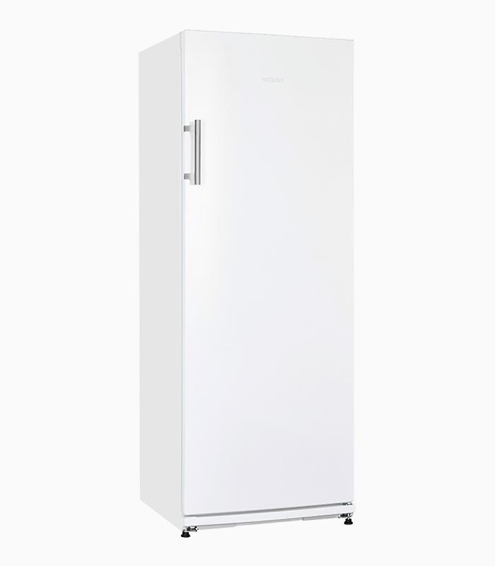 Weißer Kühlschrank mit Griff und dem Markennamen 'exquisit' auf der Tür.