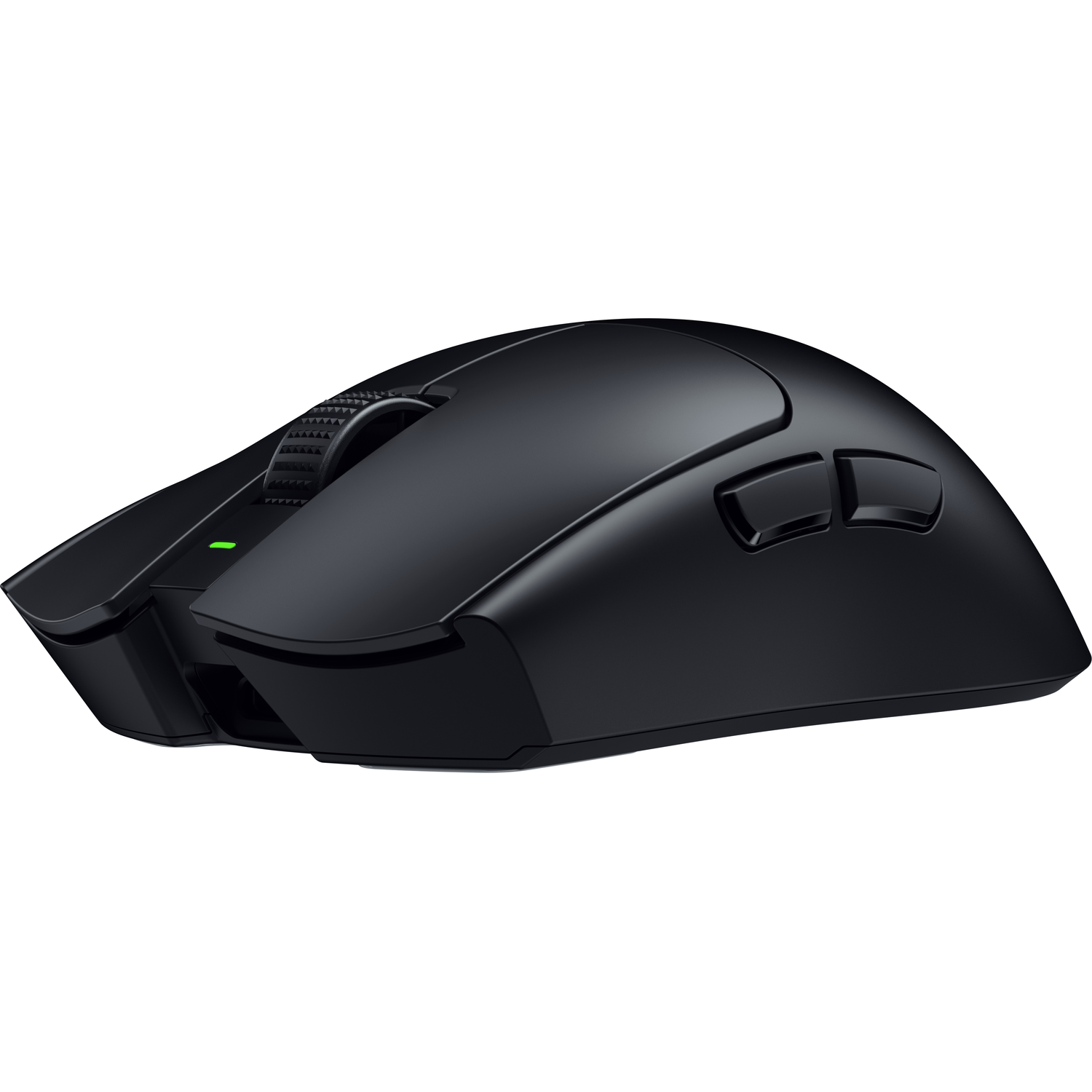 Black computer mouse with two side buttons and a scroll wheel.