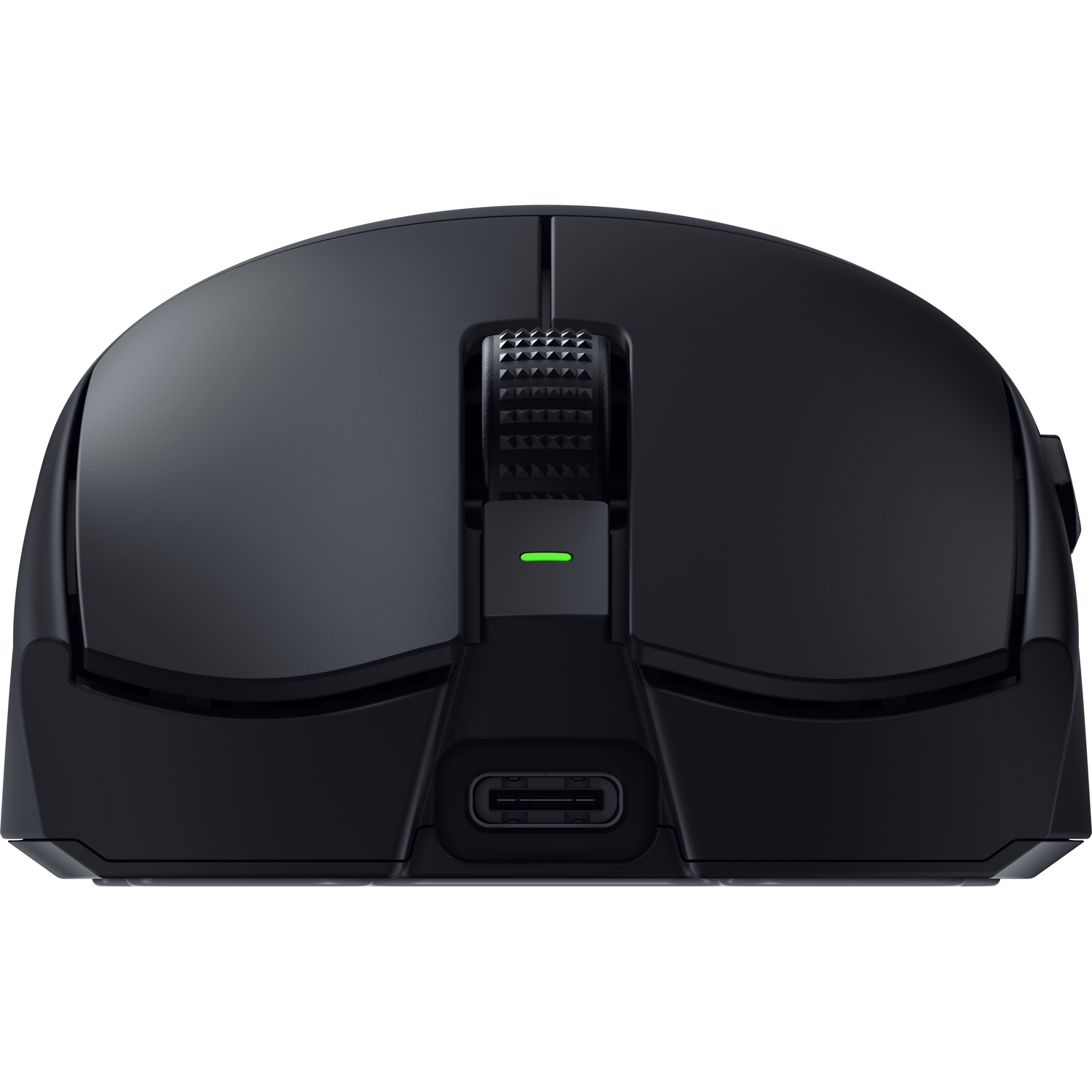 Black wireless mouse with scroll wheel, charging port, and green light indicator, top view.