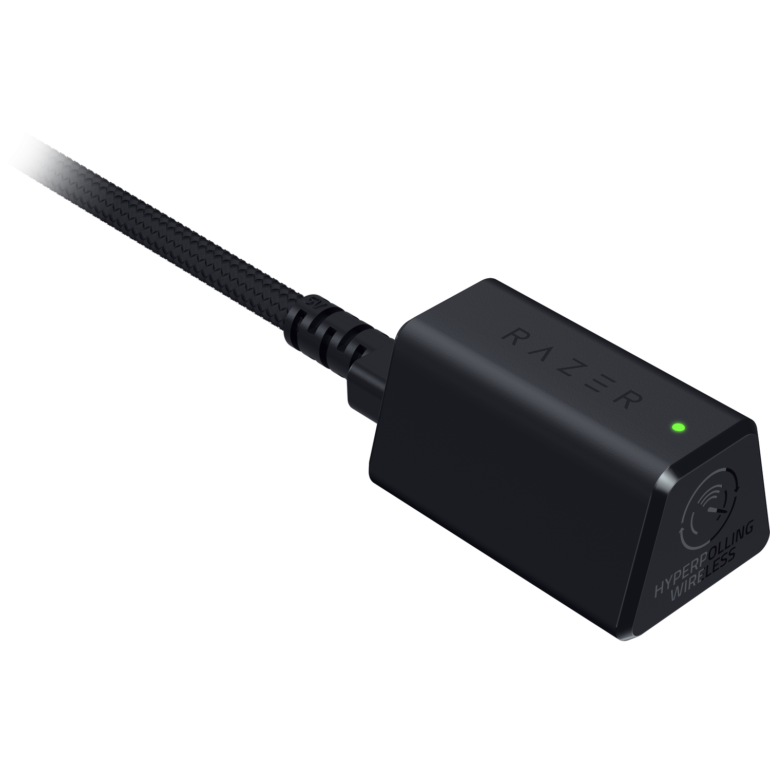 Black Razer Hyperpolling Wireless dongle, with a cable attached and a green light indicator.