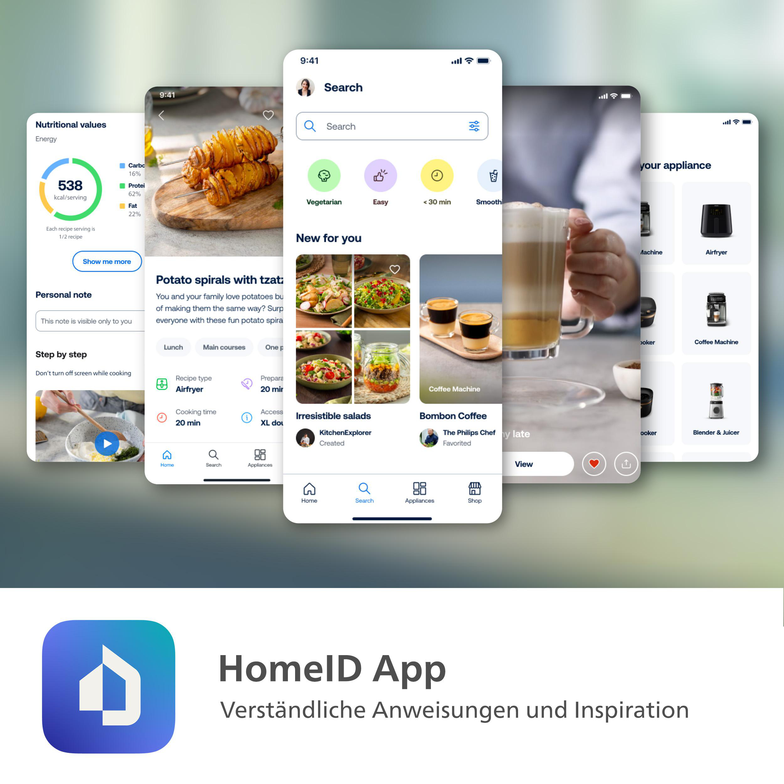 Screenshots einer Food-App und einer HomeID-App. Rezepte, Geräte und Ernährungsinformationen.