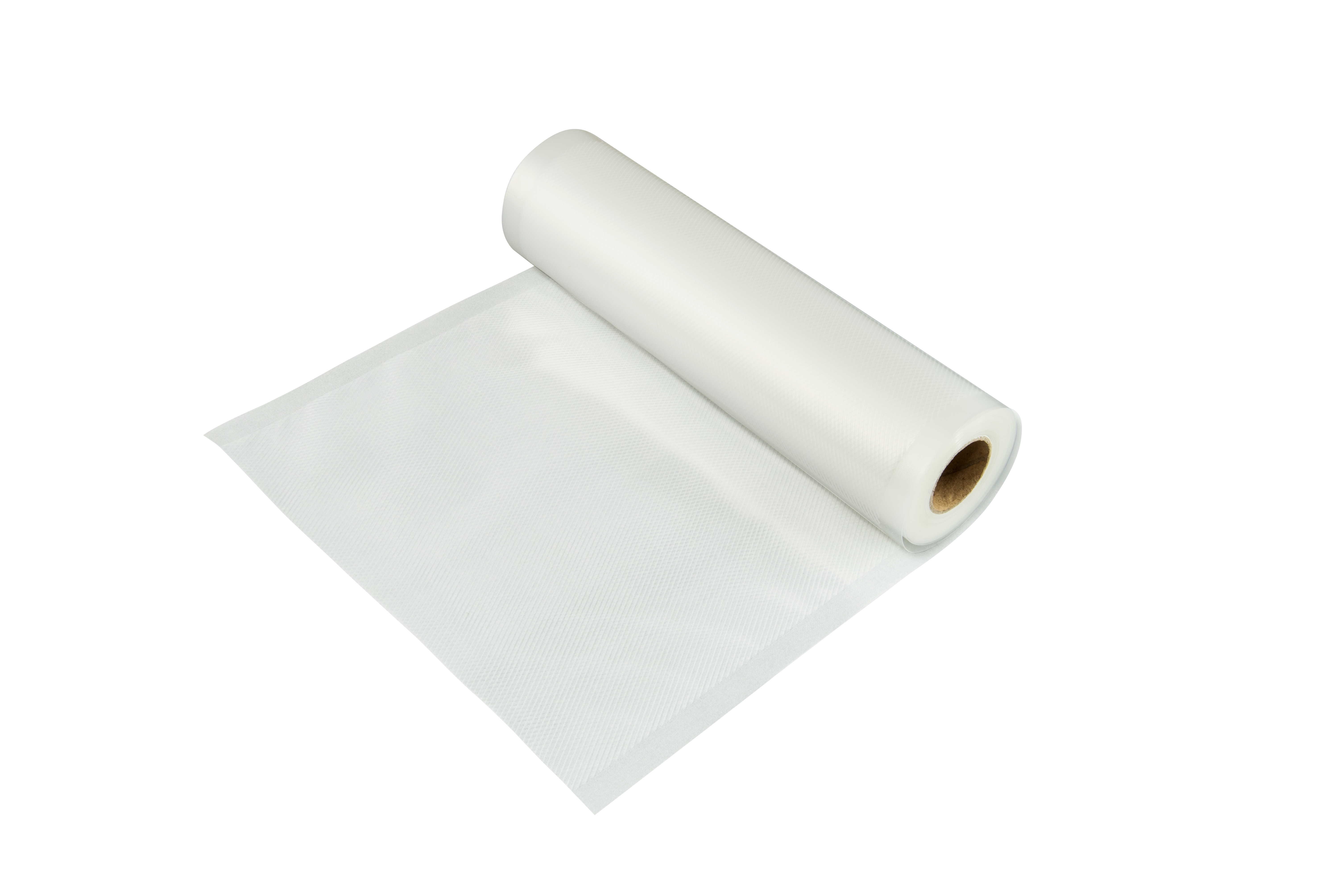 Eine Rolle transparenter Vakuumbeutel auf einer weißen Oberfläche.