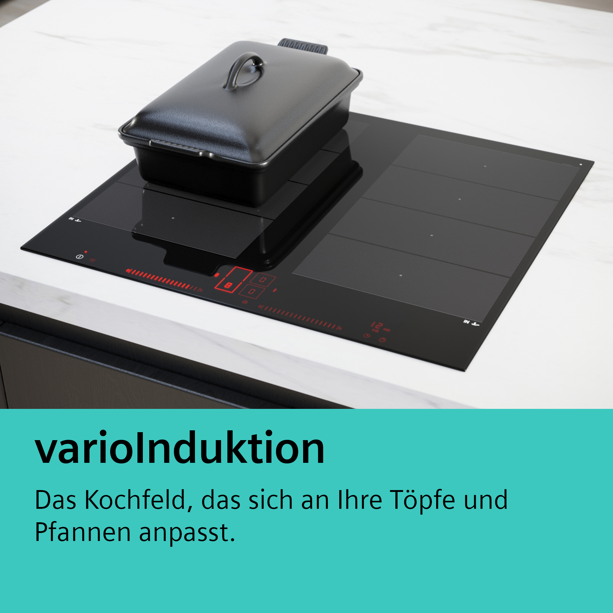 Schwarzes Induktionskochfeld mit einem schwarzen rechteckigen Topf. Weiße Arbeitsplatte. Text: varioInduktion.